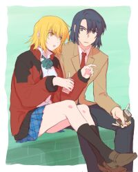 Rule 34 | 1boy, 1girl, athrun zala, blonde hair, blue hair, border, cagalli yula athha, collared shirt, couple, feet out of frame, green background, green eyes, gundam, gundam seed, hetero, holding hands, holding juice box, jacket, kimi88407604, long sleeves, necktie, open mouth, pants, school uniform, shirt, shoes, short hair, simple background, sitting, skirt, white border, white shirt, yellow eyes