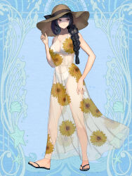1girl black_eyes black_hair blue_background blunt_bangs braid breasts brown_hair cleavage covered_navel dairoku_ryouhei floral_print full_body hair_over_shoulder halterneck hand_on_own_hat hat highres jinno_shino kishiba_yuusuke sandals see-through_clothes small_breasts solo standing sun_hat