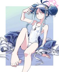 1girl absurdres antenna_hair bare_shoulders barefoot blue_archive blue_hair blue_jacket breasts double_bun feet feet_out_of_frame fubuki_(blue_archive) fubuki_(swimsuit)_(blue_archive) hair_bun halo highres jacket jacket_partially_removed jitaso leaning_forward loli looking_at_viewer multicolored_hair multicolored_jacket official_alternate_costume one-piece_swimsuit pink_halo red_eyes school_swimsuit small_breasts solo swimsuit toes two-tone_jacket visor_cap whistle whistle_around_neck white_one-piece_swimsuit