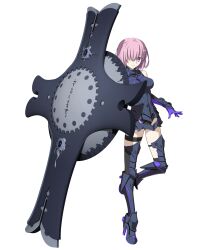 1girl 3d ahoge anime_coloring arm_up armor armored_boots armored_dress armored_footwear armored_legwear armpits bare_shoulders black_leotard black_straps bob_cut boobplate boots breastplate bright_pupils dress elbow_gloves fate/grand_order fate_(series) full_body game_cg gloves greaves grey_armor hair_over_one_eye happy high_heel_boots high_heels highres holding holding_shield leg_up legs_apart leotard leotard_under_clothes looking_at_viewer lord_camelot_(fate) mash_kyrielight mash_kyrielight_(demi-servant) melty_blood melty_blood:_type_lumina narrow_waist non-web_source official_art open_hand open_mouth outstretched_arms oversized_object purple_eyes purple_gloves purple_hair purple_pupils shield short_dress short_hair simple_background smile solo standing standing_on_one_leg tachi-e takeuchi_takashi thigh_strap transparent_background tsukihime tsukihime_(remake) two-tone_sleeves type-moon v-shaped_eyebrows