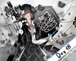 Rule 34 | 1girl, animal print, black butterfly, black gloves, black hair, black pants, black suit, bug, butterfly, cigarette, coffin, collared shirt, e.g.o (project moon), formal clothes, gloves, highres, holding, holding cigarette, insect, limbus company, looking at viewer, open mouth, pants, project moon, red eyes, ryoshu (project moon), senard, shirt, short hair, single extra arm, smoking, solemn lament (e.g.o), solo, suit, sword, sword on back, too many, too many butterflies, weapon, weapon on back, white butterfly, white shirt