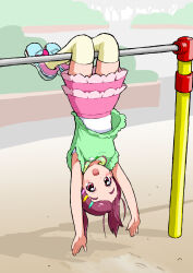 1girl :d arms_up bare_arms blue_shoes blush commentary_request day dot_nose green_shirt highres horizontal_bar hugtto!_precure looking_at_viewer medium_hair nono_kotori open_mouth outdoors pink_skirt precure red_eyes red_hair shirt shoes short_sleeves skirt smile solo thighhighs upside-down white_shirt yakizakana_(yakizakana10967) yellow_thighhighs zettai_ryouiki