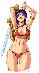 1girl absurdres armpits arms_behind_head arms_up athena_(series) bikini blue_eyes breasts cleavage highres large_breasts long_hair looking_at_viewer navel princess_athena purple_hair qkat_(arikawa-dou) red_bikini shield smile snk solo swimsuit sword thighs toned weapon