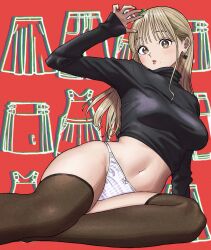 1girl arm_support arm_up black_sweater blonde_hair blush bow bow_panties breasts brown_thighhighs choppy_bangs commentary_request crop_top cropped_sweater curry_soba earrings feet_out_of_frame film_grain hair_behind_ear hair_over_shoulder heart heart_earrings highres jewelry long_hair long_sleeves looking_at_viewer medium_breasts midriff mole mole_on_cheek mole_under_eye navel no_pants original panties parted_lips reclining red_background red_lips sleeves_past_wrists solo string_panties striped_clothes striped_panties sweater thighhighs turtleneck turtleneck_sweater underwear vertical-striped_clothes vertical-striped_panties white_panties yellow_eyes