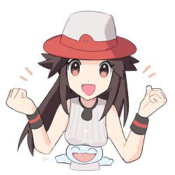 1girl alternate_color breast_rest breasts breasts_on_head brown_eyes brown_hair cropped_torso game_freak gen_1_pokemon grey_hat grey_shirt hat leaf_(pokemon) long_hair looking_at_viewer nintendo open_mouth player_2 pokemon pokemon_(creature) pokemon_frlg shirt simple_background sleeveless sleeveless_shirt squirtle super_smash_bros. white_background yasaikakiage