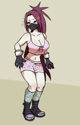 Rule 34 | 1girl, absurdres, animal print, armpits, arms at sides, artist request, black mask, blush, boots, bow camisole, boyshort panties, breasts, camisole, capcom, cat print, character name, delinquent, duck print, embarrassed, eyelashes, female focus, full body, gloves, heart, heart print, highres, himezaki aoi, justice gakuen, legs, legs together, long hair, looking to the side, mask, matching underwear, medium breasts, midriff, moero! justice gakuen, mouth mask, name tag, navel, neck, panties, parted bangs, pink camisole, pink panties, ponytail, print camisole, print panties, purple eyes, red hair, shiny skin, sidelocks, simple background, spiked hair, standing, thighs, tsundere, underwear, underwear only, unworn clothes, very long hair