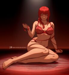Rule 34 | 1girl, arm support, bare arms, bare legs, bare shoulders, barefoot, bra, braid, braided ponytail, breasts, breasts apart, chainsaw man, closed mouth, collar, collarbone, commentary, english commentary, feet, front-hook bra, full body, hair over shoulder, hand up, holding, holding collar, holding leash, lace, lace-trimmed bra, lace trim, large breasts, leash, legs, lingerie, long hair, long sidelocks, looking at viewer, makima (chainsaw man), mystra77, nail polish, navel, panties, patreon logo, patreon username, red bra, red hair, red nails, red panties, ringed eyes, shadow, sidelocks, sitting, smile, solo, stomach, toenail polish, toenails, toes, underwear, underwear only, unworn collar, yellow eyes, yokozuwari