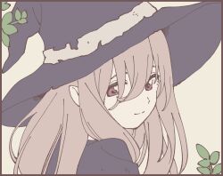 1girl black_border black_hat black_robe border brown_hair close-up closed_mouth double-parted_bangs from_behind grey_background hair_over_shoulder hat highres leaf long_hair looking_at_viewer namori original pink_eyes plant robe sidelocks simple_background smile solo witch_hat