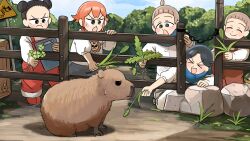 &gt;_&lt; 5girls :d :o absurdres bird black_eyes black_hair blue_hair box brown_hair capybara commentary diva_(hyxpk) donut_stamp double_bun duck english_commentary feeding fence frown girl_with_boyish_hair_(diva) hair_bun highres lion_shirt_girl_(diva) multiple_girls open_mouth orange_hair overalls red_overalls shirt short_hair slice_of_life smile survey_girl_(diva) topknot topknot_girl_(diva) v-shaped_eyebrows white_shirt wooden_box wooden_fence zoo zookeepers_(diva)