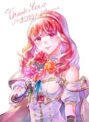 Rule 34 | 1girl, armor, black gloves, blunt bangs, bouquet, breastplate, cape, celica (fire emblem), choker, dress, earrings, fingerless gloves, fire emblem, fire emblem echoes: shadows of valentia, flower, gloves, highres, holding, holding bouquet, jewelry, liefe, light smile, long hair, looking at viewer, nintendo, orange hair, pink eyes, princess, red eyes, red hair, solo, tiara, white armor, white dress