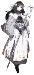 1girl black_eyes black_hair capelet dare_ga_yuusha_wo_koroshita_ka dress gloves highres looking_at_viewer smile solo standing tachi-e toi8 white_background white_dress