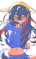 1girl 5oh5s2 absurdres alternate_costume animal_ears black_hair blue_hoodie blue_shorts carmine_(pokemon) cropped_hoodie crossed_bangs fake_animal_ears fake_tail hair_between_eyes highres hood hood_down hoodie long_hair long_sleeves looking_at_viewer mole mole_under_eye multicolored_hair navel nintendo pokemon pokemon_sv red_hair shorts simple_background smile solo tail white_background yellow_eyes