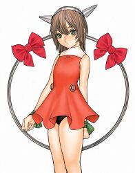 1girl black_panties brown_hair dress expressionless fake_horns flat_chest green_eyes hairband highres hoop horns kennomou long_hair looking_at_viewer original panties red_dress ribbon short_dress simple_background solo underwear white_background wrist_ribbon