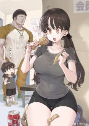 1boy 2girls absurdres bag bench big_sister_(navigavi) bike_shorts bowl_cut breasts brown_hair can caught chicken_(food) dot_pupils drink_can food food_wrapper fried_chicken gym highres jun_(navigavi) large_breasts little_sister_(navigavi) low_twintails messy_hair multiple_girls muscular muscular_male name_tag orange_eyes original poster_(object) recycle_bin shirt shoes shopping_bag shorts siblings sisters sneakers soda_can sparkling_eyes sweat t-shirt teeth thick_thighs thighs tight_clothes translation_request trash_can twintails upper_teeth_only watermark weibo_watermark