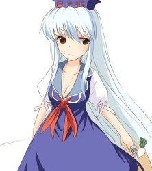 1girl blue_dress blue_hair breasts brown_eyes cleavage daikon dress female_focus groceries hat kamishirasawa_keine long_hair miyo_(ranthath) neckerchief radish solo touhou very_long_hair