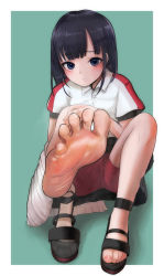 1girl :o blue_background blue_eyes blue_hair blush border collared_shirt commentary_request feet foot_focus footprints foreshortening highres lumina_(artist) medium_hair qiao_ling sandals shiguang_dailiren shirt shorts simple_background smell solo sweat toes