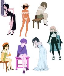 6+girls absurdres adjusting_hair ass back bag bare_shoulders bench beret bikini black_cloak black_dress black_eyes black_hair blonde_hair blue_eyes boots breasts brown_eyes brown_hair camisole cloak collared_shirt crop_top cup dark-skinned_female dark_skin dress drink expressionless flat_chest from_behind full_body glasses green_eyes grey_eyes hair_bun handbag hat high-waist_pants high_heels highres holding holding_cup jewelry kingrun leaning_forward loafers long_hair looking_to_the_side miniskirt multiple_girls necklace original pants profile purple_hair purple_sweater red_eyes shirt shoes short_hair short_shorts shorts simple_background sitting skirt small_breasts sneakers sunglasses suspender_shorts suspenders sweater swimsuit tan tiara white_background white_bikini white_dress window