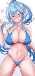 1girl absurdres ahoge bare_shoulders bikini bikini_bottom_pull bikini_top_pull blue_bikini blue_hair blue_nails blush breasts cleavage cowboy_shot elf gradient_hair heart heart_ahoge high_ponytail highres hololive large_breasts long_hair multicolored_hair pink_hair pointy_ears ponytail simple_background solo swimsuit tongue tongue_out two-tone_hair very_long_hair virtual_youtuber waniwani_(wasabiwaniwani) white_background yellow_eyes yukihana_lamy