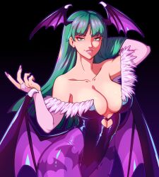 Rule 34 | 1girl, animal print, aqua eyes, aqua hair, bare shoulders, bat print, bat wings, black leotard, breasts, bridal gauntlets, cleavage, clothing cutout, darkstalkers, demon girl, fur-trimmed leotard, fur trim, head wings, heart cutout, highleg, highleg leotard, kitsune23star, large breasts, leotard, long hair, morrigan aensland, off-shoulder leotard, pantyhose, print pantyhose, purple pantyhose, purple wings, smile, solo, wings