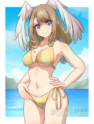 1girl bikini blue_eyes border breasts brown_hair cowboy_shot eunie_(xenoblade) feathered_wings gold_bikini golden_week golden_week_bikini head_wings highres large_breasts long_hair navel side-tie_bikini_bottom solo swimsuit white_border wings xenoblade_chronicles_(series) xenoblade_chronicles_3 yaizaberry