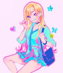 Rule 34 | 1girl, bag, black choker, blonde hair, blue necktie, blue skirt, bracelet, choker, collared shirt, commentary request, ear piercing, earrings, heart, highres, jewelry, kitagawa marin, long hair, looking at viewer, multicolored hair, necktie, outline, piercing, pink eyes, pink hair, pink nails, pink outline, plaid clothes, plaid skirt, shirt, shoulder bag, simple background, sitting, skirt, smile, smiley face, solo, sono bisque doll wa koi wo suru, star (symbol), two-tone hair, very long hair, vivinos, white shirt