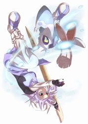 Rule 34 | 1girl, adapted costume, advent cirno, blue eyes, colored sclera, crossover, froslass, gen 4 pokemon, hat, highres, holding, ice, letty whiterock, light purple hair, long sleeves, master ball, nintendo, open mouth, poke ball, pokemon, pokemon (creature), pori, shoes, sparkle, sword, touhou, upside-down, weapon, white background, white hat, yellow sclera