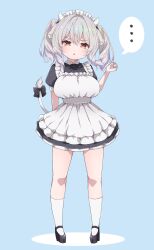... 1girl alternate_costume animal_ears apron black_bow black_dress black_shoes blue_background blush bow bowtie breasts cow_ears cow_girl cow_horns cow_tail dress drias enmaided full_body grey_hair high_heels highres horns kneehighs large_breasts looking_at_viewer maid maid_apron maid_headdress mary_janes medium_hair milltina_(vrchat) red_eyes shoes short_sleeves simple_background socks solo spoken_ellipsis tail tail_bow tail_ornament triangle_mouth twintails vrchat white_socks