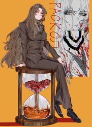 1girl absurdres black_necktie black_shoes blood blood_on_face blue_eyes breasts brown_hair brown_jacket brown_pants collared_shirt food fork full_body highres holding holding_fork holding_knife hourglass jacket klack_rodyalove knife large_breasts limbus_company long_hair long_sleeves looking_at_viewer meat multiple_views necktie pants parted_bangs project_moon rodion_(project_moon) scarf shirt shoes simple_background sitting solo yellow_background yellow_shirt yurodiviye_(identity)_(project_moon)