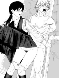 1boy 1girl blush chainsaw_man clothes_lift collared_shirt denji_(chainsaw_man) dress dress_lift female_pubic_hair fourth_east_high_school_uniform fujimoto_tatsuki_(style) greyscale hetero highres implied_sex lifting_own_clothes long_sleeves mitaka_asa monochrome nanami_toga nude open_mouth panties pinafore_dress pole pubic_hair pull_cord rape school_uniform sex sex_from_behind shirt sleeveless sleeveless_dress standing standing_sex sweat toned toned_male underwear