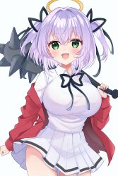 1girl absurdres black_ribbon blush bokusatsu_tenshi_dokuro-chan breasts collared_shirt commentary crossed_bangs dot_nose green_eyes hair_between_eyes hair_intakes hair_ribbon halo hand_up highres holding holding_weapon jacket large_breasts long_sleeves looking_at_viewer medium_hair mitsukai_dokuro neck_ribbon open_clothes open_jacket open_mouth pleated_skirt purple_hair red_jacket ribbon school_uniform shirt shirt_tucked_in skirt smile solo thighs traditional_halo two_side_up urami0310 weapon white_shirt white_skirt