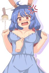 2girls anger_vein animal_ears blonde_hair blue_dress blue_hair blush breasts brown_headwear cabbie_hat dress earclip hat highres kine large_breasts long_hair mallet multiple_girls open_mouth rabbit_ears red_eyes ringo_(touhou) seiran_(touhou) shiratsuki_shiori short_hair short_sleeves simple_background solo_focus touhou white_background