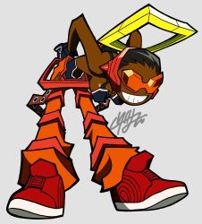 Rule 34 | 1girl, arms behind back, black hair, bomb rush cyberfunk, dark-skinned female, dark skin, goggles, grey background, grin, hair slicked back, halo, highres, moffumofu0000, rave (bomb rush cyberfunk), shoes, signature, simple background, smile, sneakers, solo