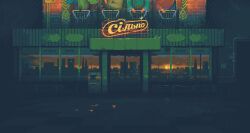 abandoned analogous_colors atm cityscape contra_bonos horizon lamppost neon_sign no_humans original pixel_art railing russian_text scenery shop sun sunset tile_floor tiles