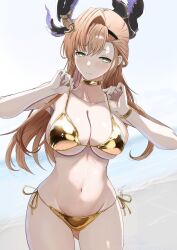 bikini breasts gold_bikini granblue_fantasy green_eyes headgear highres hikaru_(galaxy) navel orange_hair swimsuit tweyen_(granblue_fantasy)