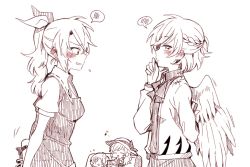 4girls 6_(yuchae) :d =_= animal_ears arm_behind_back arms_behind_back blush bow bowtie braid chibi dress drill_hair ear_blush closed_eyes food hair_bow hair_ribbon hat jacket kishin_sagume long_hair monochrome multiple_girls musical_note necktie open_clothes open_mouth ponytail popcorn quaver rabbit_ears reisen ribbon shirt short_hair single_wing skirt smile spoken_blush spoken_musical_note spot_color touhou valentine watatsuki_no_toyohime watatsuki_no_yorihime weapon wings yuri |_|