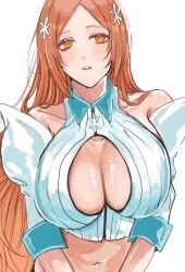 Rule 34 | 1girl, alternate eye color, bare shoulders, bleach, bleach: sennen kessen-hen, breasts, cleavage, cleavage cutout, clothing cutout, collarbone, detached sleeves, female focus, hair ornament, hairclip, highres, inoue orihime, large breasts, long hair, midriff, namahamumn, orange eyes, orange hair, parted bangs, parted lips, shiny skin, simple background, white background