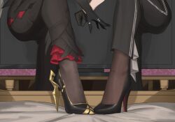 2girls absurdres arlecchino_(genshin_impact) black_gloves black_pants black_pantyhose black_shoes character_request check_character feet footwear_focus genshin_impact gloves gold_trim high_heels highres jewelry legs lower_body multiple_girls pants pantyhose ring sa-baaa shadow shoes stepping stiletto_heels toe_cleavage wuthering_waves zani_(wuthering_waves)