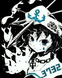 1girl absurdres anchor barnacle black_hair blue_eyes fang female_focus fish harpoon hat highres hook looking_at_viewer murasa_minamitsu nehitsuji_(syatihokoga) sailor_collar sailor_hat short_hair solo tattoo teardrop touhou traditional_media
