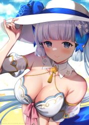 Rule 34 | 1girl, arm up, ayaka (genshin impact), azuma yuki, bare shoulders, blue sky, breasts, cleavage, closed mouth, cloud, cloudy sky, commentary request, day, detached sleeves, genshin impact, grey eyes, grey hair, hand on headwear, hat, highres, large breasts, long hair, puffy short sleeves, puffy sleeves, short sleeves, signature, sky, smile, solo, upper body, very long hair, watermark, white hat, white sleeves