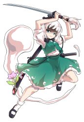 1girl arms_up black_bow black_bowtie black_shoes blunt_bangs bow bowtie collared_shirt commentary_request dairi frilled_skirt frills full_body green_eyes green_skirt green_vest holding holding_sword holding_weapon katana konpaku_youmu konpaku_youmu_(ghost) large_variant_set looking_at_viewer mary_janes parted_lips shaded_face shirt shoes short_hair short_sleeves skirt skirt_set smile socks solo standing standing_on_one_leg sword tachi-e touhou variant_set vest weapon white_hair white_shirt white_socks