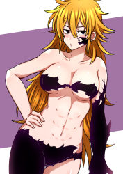 1girl abs amputee annoyed aura blonde_hair blush breasts collarbone convenient_censoring demon_girl derieri energy energy_fist energy_leg glowing hand_on_own_hip highres injury large_breasts living_shadow long_hair monster_girl nanatsu_no_taizai navel nude prosthesis prosthetic_arm prosthetic_leg purple_eyes rinngo6363 scar solo spiked_hair thighs