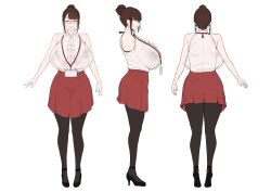 Rule 34 | 1girl, absurdres, arm at side, asymmetrical bangs, bare shoulders, black-framed eyewear, black bra, black footwear, black pantyhose, blunt bangs, bra, bra visible through clothes, breasts, brown eyes, brown hair, center frills, reference sheet, collared shirt, commentary, cropped arms, earrings, english commentary, frilled shirt, frills, from behind, from side, full body, glasses, hair bun, half-closed eyes, high heels, highres, huge breasts, id card, jewelry, lace, lace-trimmed bra, lace trim, lanyard, mature female, multiple views, namhorm (puzenketsu), original, pantyhose, puzenketsu, red skirt, see-through clothes, see-through shirt, semi-rimless eyewear, shirt, shoes, sidelocks, simple background, single hair bun, skirt, sleeveless, sleeveless shirt, smile, standing, strappy heels, teacher, turnaround, underwear, white background, white shirt