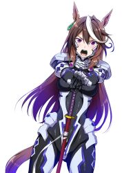 1girl animal_ears brown_hair commentary_request cosplay cowboy_shot ear_tag fortified_suit highres horse_ears horse_girl horse_tail katana long_hair marui mecha_pilot_suit mitsurugi_meiya mitsurugi_meiya_(cosplay) multicolored_hair muv-luv muv-luv_alternative open_mouth purple_eyes simple_background solo streaked_hair sword symboli_rudolf_(umamusume) tail teeth umamusume v-shaped_eyebrows weapon white_background white_hair