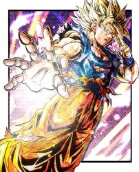 Rule 34 | 1boy, background request, blonde hair, blue sash, blue shirt, closed mouth, commentary request, curtained hair, dragon ball, dragonball z, green eyes, instant transmission, looking at viewer, looking down, looking to the side, male focus, medium hair, muscular, muscular male, nose, orange pants, outside border, pants, reaching, reaching towards viewer, sash, shirt, short sleeves, smirk, son goku, spiked hair, super saiyan, super saiyan 1, torn clothes, torn pants, torn shirt, ushi (akabec0), v-shaped eyebrows