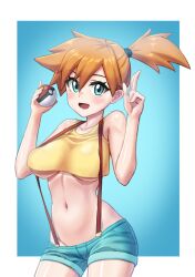 1girl bare_shoulders blue_eyes blush breasts collarbone cowboy_shot crop_top denim denim_shorts els_(ljhlee12) groin hair_between_eyes highres looking_at_viewer medium_breasts medium_hair midriff misty_(pokemon) navel nintendo open_mouth orange_hair outside_border poke_ball pokemon pokemon_(anime) pokemon_(classic_anime) shirt short_shorts shorts smile solo suspender_shorts suspenders underboob yellow_shirt