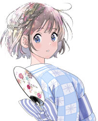1girl back_bow blue_eyes blue_kimono bow braid from_side hand_fan japanese_clothes kimono looking_at_viewer montarou2020 original paper_fan short_hair simple_background solo upper_body white_background