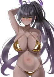 1girl absurdres acmecchio ahoge arm_up bikini black_hair blue_archive breasts cleavage commentary_request cowboy_shot dark-skinned_female dark_skin gluteal_fold gold_bikini halo high_ponytail highres karin_(blue_archive) large_breasts long_hair navel ponytail purple_halo simple_background solo swimsuit thighs very_long_hair white_background yellow_eyes