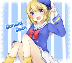 1girl bare_legs blonde_hair blue_eyes disney donald_duck genderswap happy hat highres looking_at_viewer mickey_mouse_&amp;_friends moyataso open_mouth sailor_collar shirt short_hair skirt smile socks white_skirt