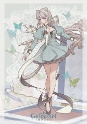 1girl alternate_costume animal_ears black_shoes breasts bug butterfly cat_ears cat_girl cat_tail cleavage closed_mouth commentary_request copyright_logo cup dress facial_mark floating_hair full_body genshin_impact green_dress grey_hair highres huge_bow insect juliet_sleeves layered_dress long_hair long_sleeves looking_at_viewer lynette_(genshin_impact) music_box puffy_sleeves purple_eyes shoes solo star_(symbol) star_facial_mark tail teacup very_long_hair ya_(witchroy)