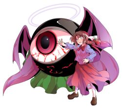 1girl alphes_(style) bat_wings bloodshot_eyes blue_shirt blush bow bowtie braid braided_ponytail brown_eyes brown_hair brown_shoes cape commentary_request contrast_collar dairi evil_eye_sigma eyeball full_body green_cape hair_bow halo headscarf highres kneehighs large_variant_set loafers long_hair long_skirt long_sleeves open_mouth outstretched_arm parody purple_wings red_bow red_bowtie red_headscarf red_skirt rika_(touhou) shirt shoes sigma_symbol simple_background skirt socks standing style_parody tachi-e tearing_up touhou touhou_(pc-98) traditional_halo transparent_background variant_set white_halo white_socks wings